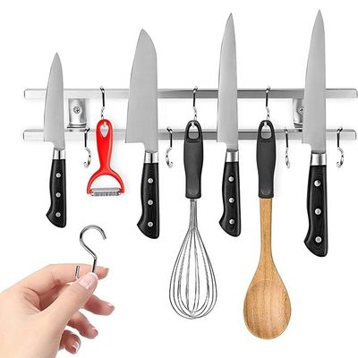 18 polegadas tubos quadrados de aço inoxidável Magnetic Knife Strip com 6 ganchos para utensílios de cozinha porta ferramenta organizador