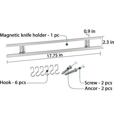 18 polegadas tubos quadrados de aço inoxidável Magnetic Knife Strip com 6 ganchos para utensílios de cozinha porta ferramenta organizador